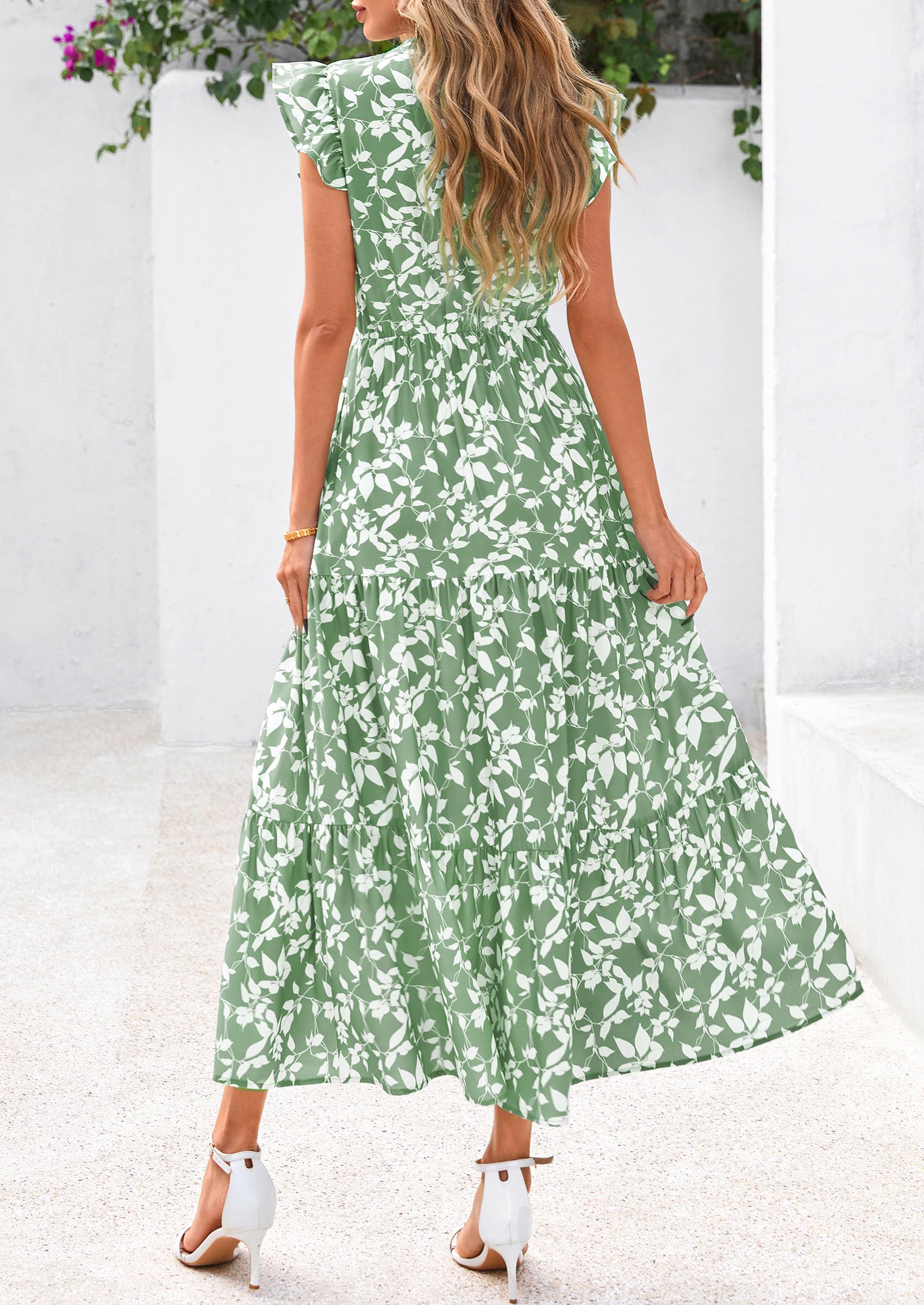 PRETTYGARDEN Women's Summer Floral Midi Dress Cap Sleeve V Neck Ruffle Long Flowy Boho Casual Beach Vacation Dresses