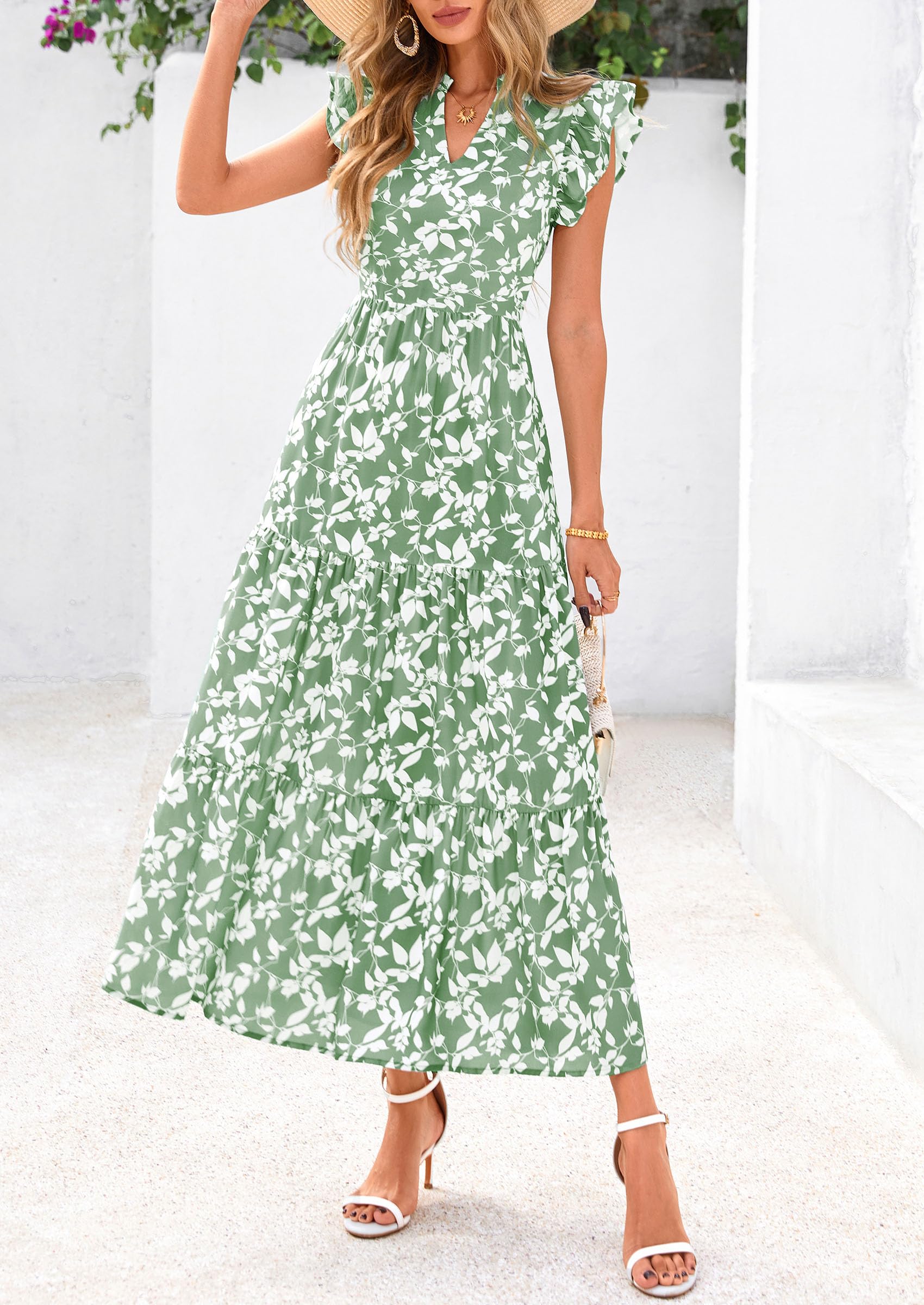 PRETTYGARDEN Women's Summer Floral Midi Dress Cap Sleeve V Neck Ruffle Long Flowy Boho Casual Beach Vacation Dresses