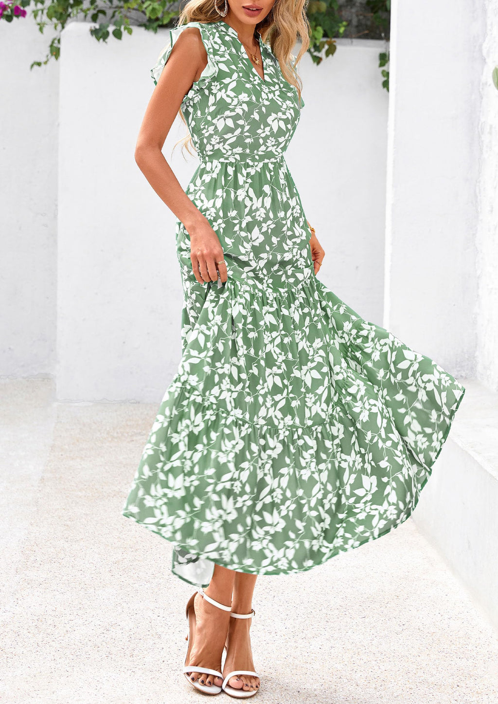 PRETTYGARDEN Women's Summer Floral Midi Dress Cap Sleeve V Neck Ruffle Long Flowy Boho Casual Beach Vacation Dresses