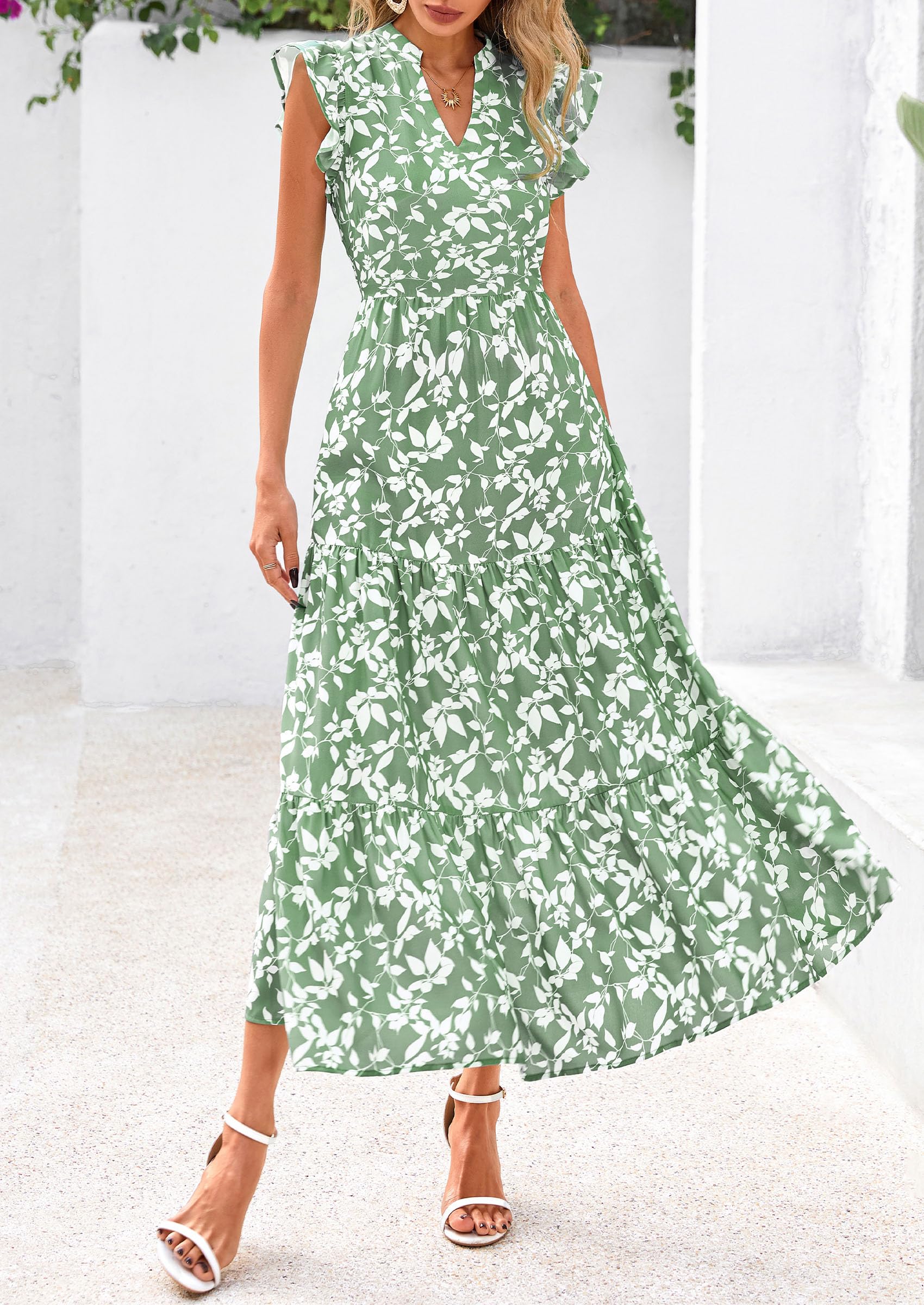PRETTYGARDEN Women's Summer Floral Midi Dress Cap Sleeve V Neck Ruffle Long Flowy Boho Casual Beach Vacation Dresses