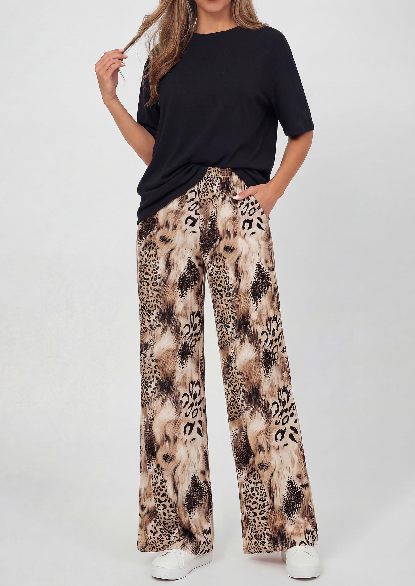 PRETTYGARDEN Women's 2 Piece Lounge Sets Summer Casual Short Sleeve Tops Leopard Flowy Pants Pajamas Vacation Travel Outfits