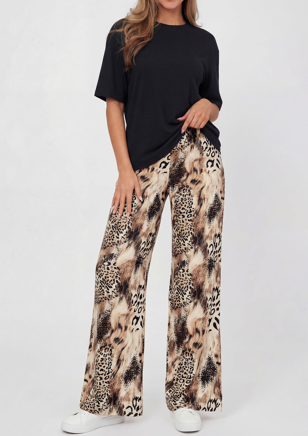 PRETTYGARDEN Women's 2 Piece Lounge Sets Summer Casual Short Sleeve Tops Leopard Flowy Pants Pajamas Vacation Travel Outfits