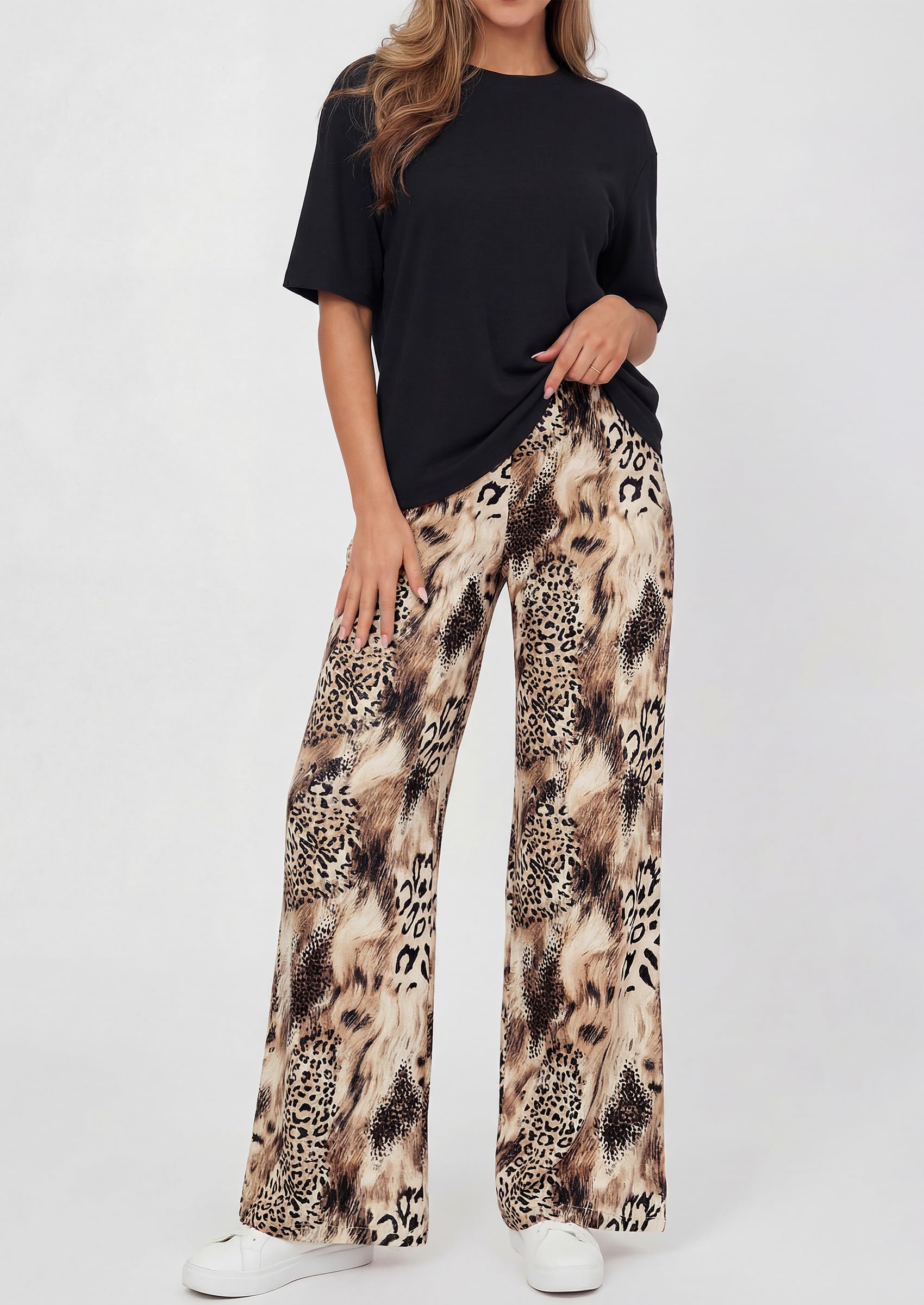 PRETTYGARDEN Women's 2 Piece Lounge Sets Summer Casual Short Sleeve Tops Leopard Flowy Pants Pajamas Vacation Travel Outfits