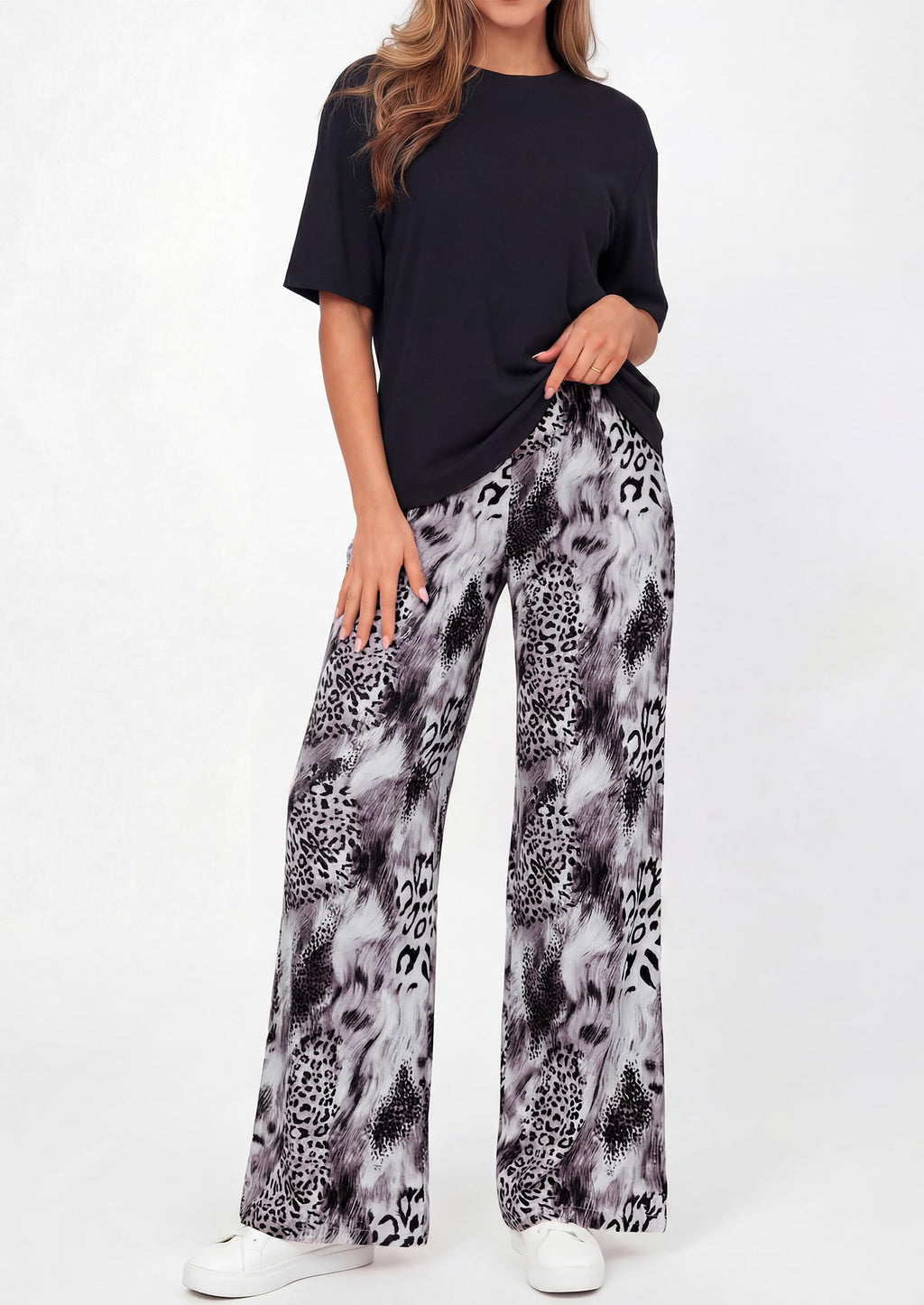 PRETTYGARDEN Women's 2 Piece Lounge Sets Summer Casual Short Sleeve Tops Leopard Flowy Pants Pajamas Vacation Travel Outfits