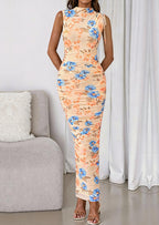 PRETTYGARDEN Women's Summer Maxi Floral Dresses Ruched Bodycon Sleeveless Mesh Formal Wedding Guest Cocktail Split Long Dress