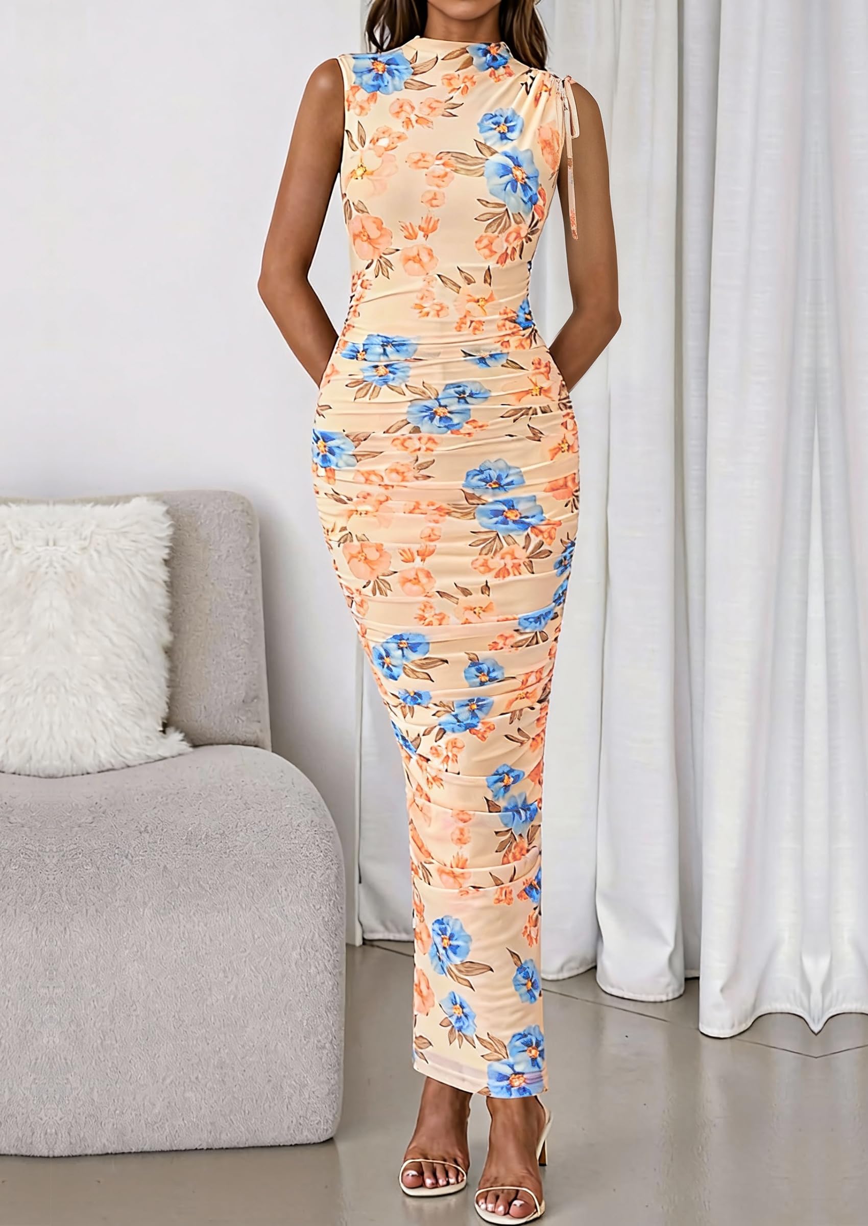 PRETTYGARDEN Women's Summer Maxi Floral Dresses Ruched Bodycon Sleeveless Mesh Formal Wedding Guest Cocktail Split Long Dress