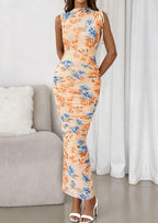 PRETTYGARDEN Women's Summer Maxi Floral Dresses Ruched Bodycon Sleeveless Mesh Formal Wedding Guest Cocktail Split Long Dress