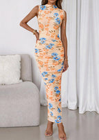 PRETTYGARDEN Women's Summer Maxi Floral Dresses Ruched Bodycon Sleeveless Mesh Formal Wedding Guest Cocktail Split Long Dress