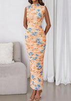 PRETTYGARDEN Women's Summer Maxi Floral Dresses Ruched Bodycon Sleeveless Mesh Formal Wedding Guest Cocktail Split Long Dress