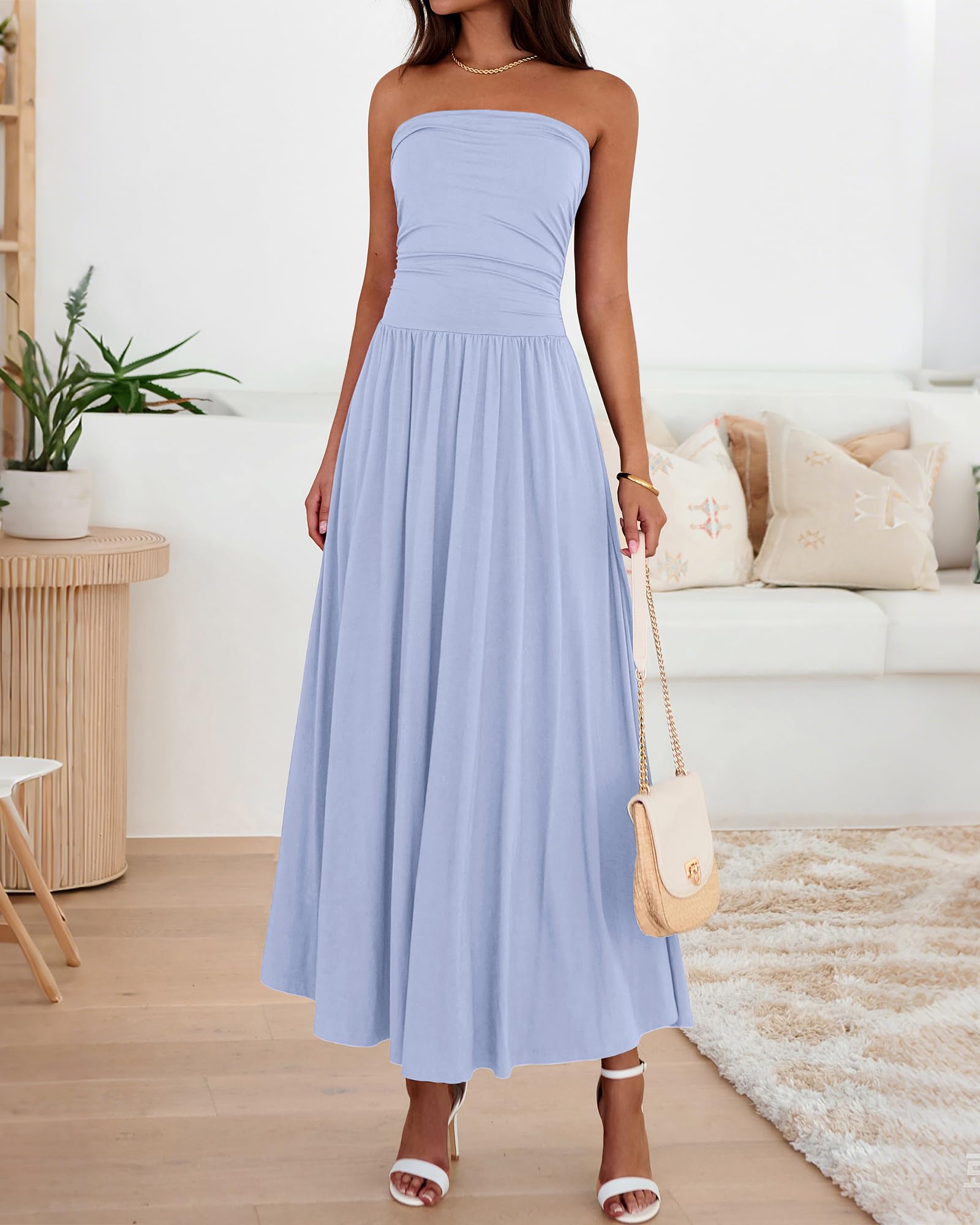 BTFBM Summer Maxi Dresses for Women Strapless Ruched Tube Top Beach Vacation Spring Wedding Guest Dress Pockets