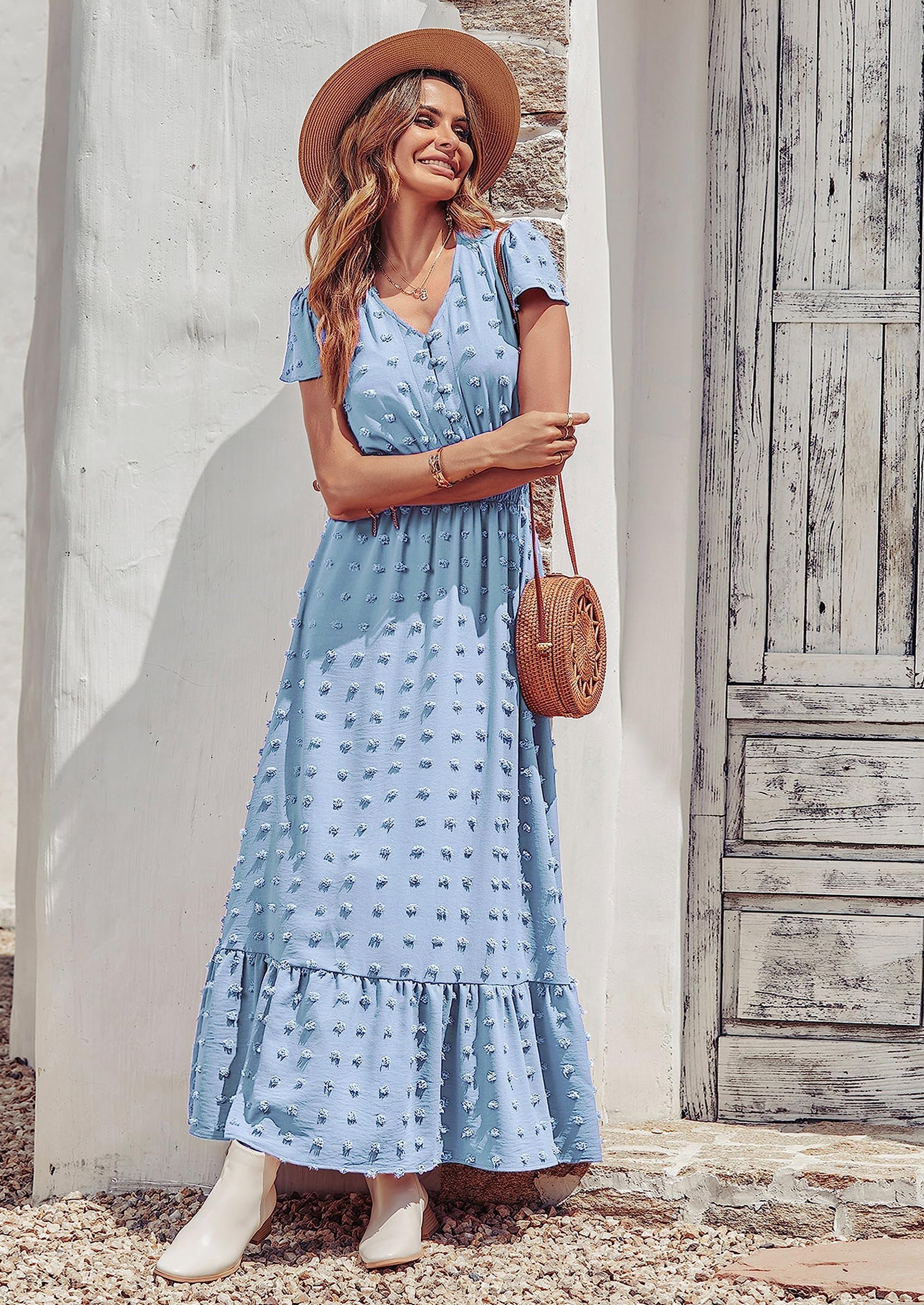 PRETTYGARDEN Womens Dresses Summer Maxi Dress Boho Short Sleeve V Neck Swiss Dot Ruffle Tiered Smocked Flowy Long Dress