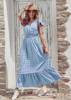 PRETTYGARDEN Womens Dresses Summer Maxi Dress Boho Short Sleeve V Neck Swiss Dot Ruffle Tiered Smocked Flowy Long Dress