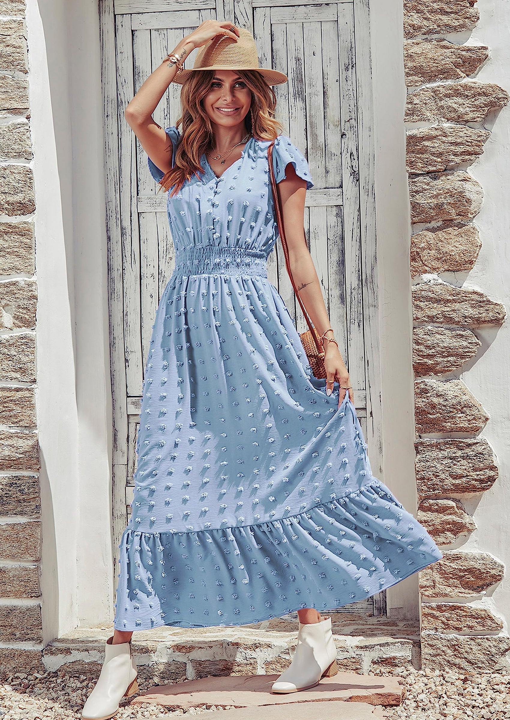 PRETTYGARDEN Womens Dresses Summer Maxi Dress Boho Short Sleeve V Neck Swiss Dot Ruffle Tiered Smocked Flowy Long Dress