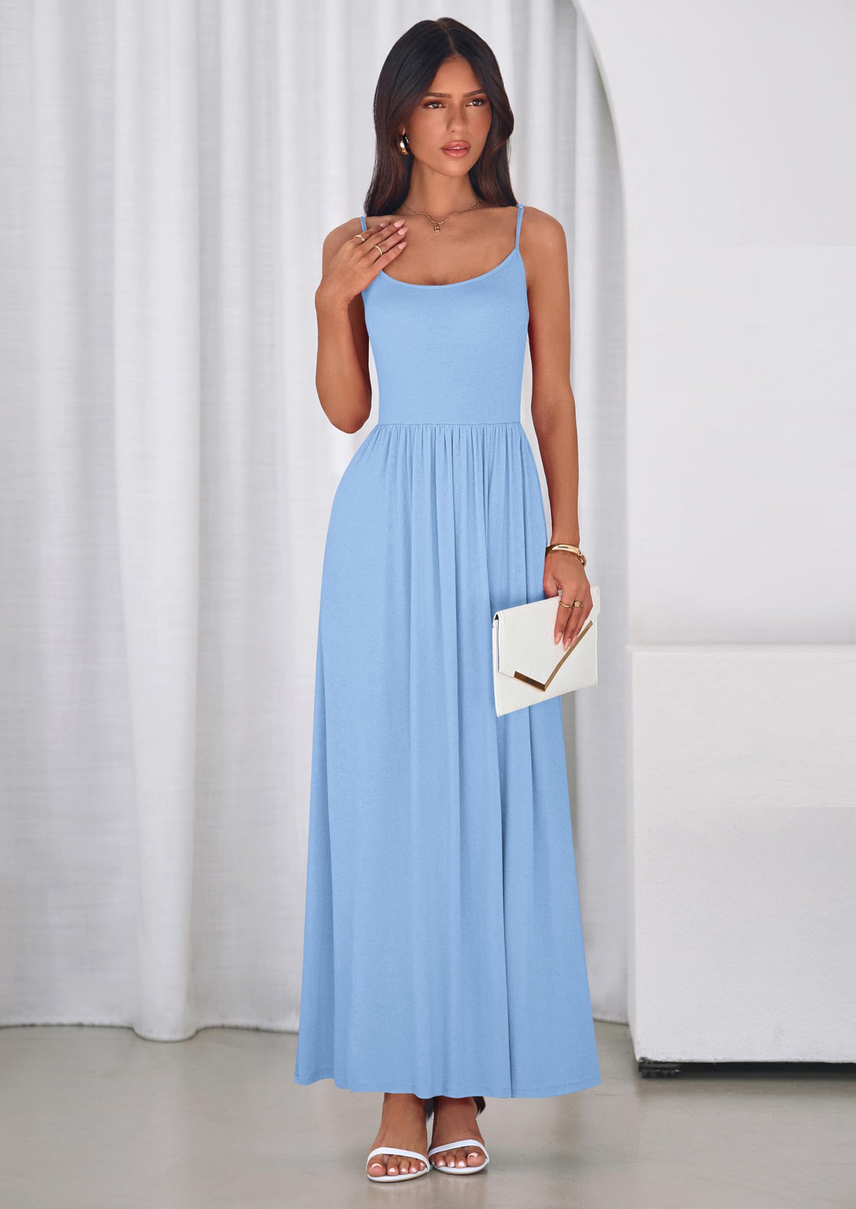 PRETTYGARDEN Womens Spaghetti Strap Maxi Dresses Sleeveless Summer Dress Long Casual Knit Flowy Beach Sundresses with Pockets
