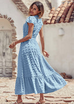 PRETTYGARDEN Womens Dresses Summer Maxi Dress Boho Short Sleeve V Neck Swiss Dot Ruffle Tiered Smocked Flowy Long Dress