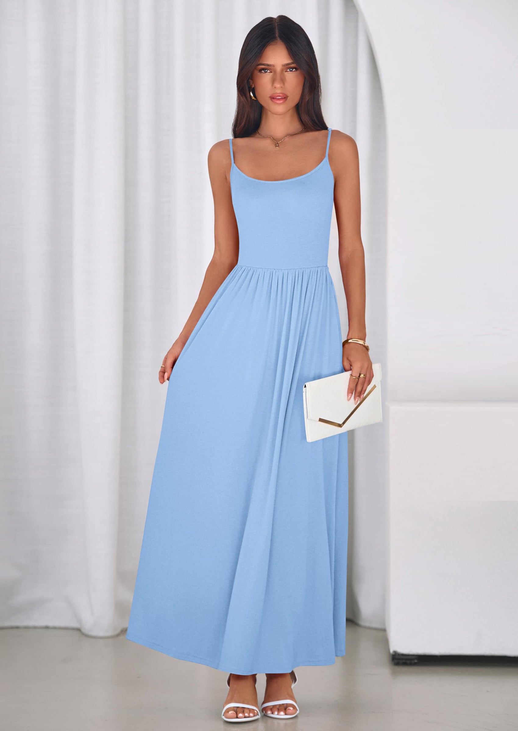 PRETTYGARDEN Womens Spaghetti Strap Maxi Dresses Sleeveless Summer Dress Long Casual Knit Flowy Beach Sundresses with Pockets