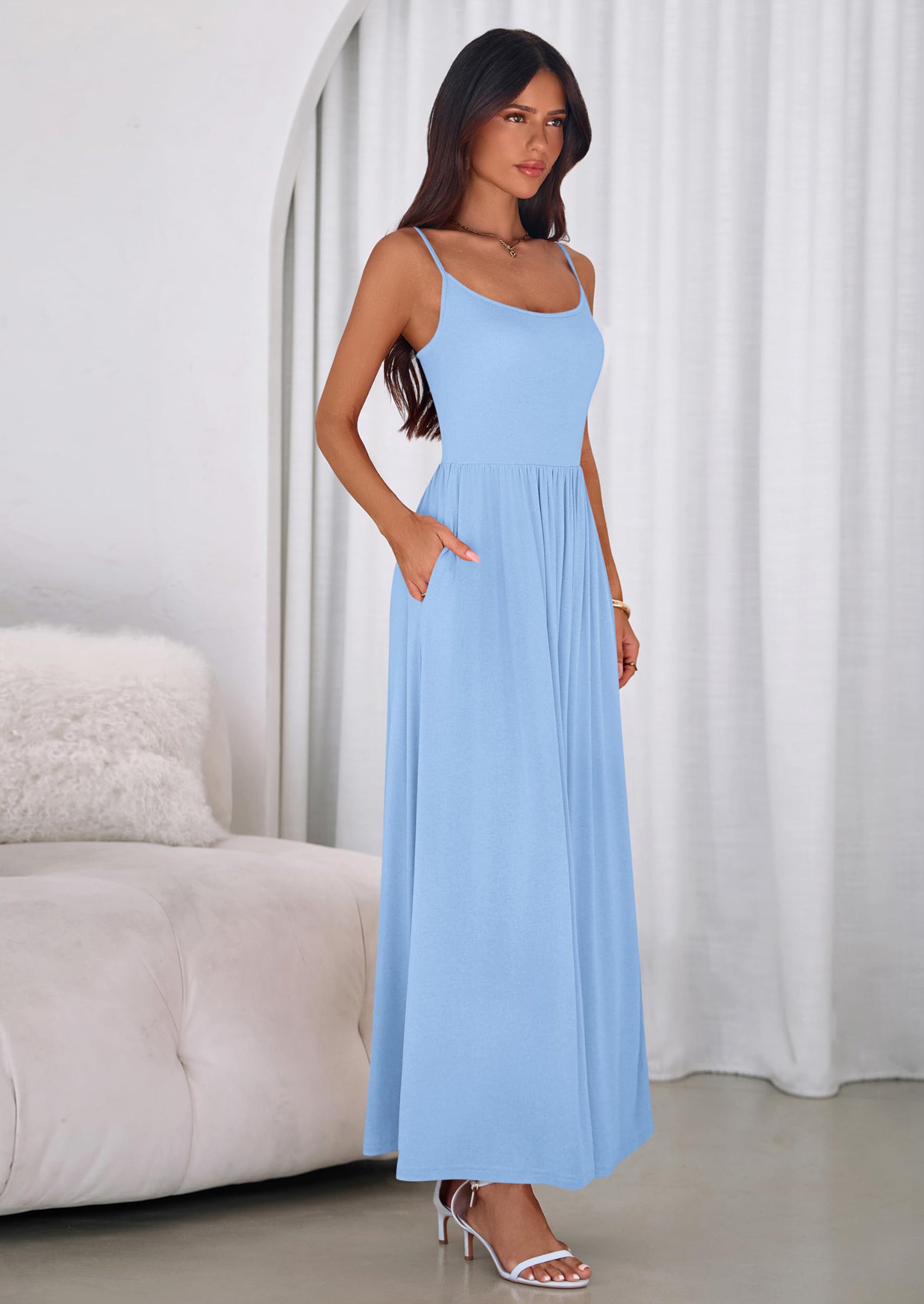 PRETTYGARDEN Womens Spaghetti Strap Maxi Dresses Sleeveless Summer Dress Long Casual Knit Flowy Beach Sundresses with Pockets