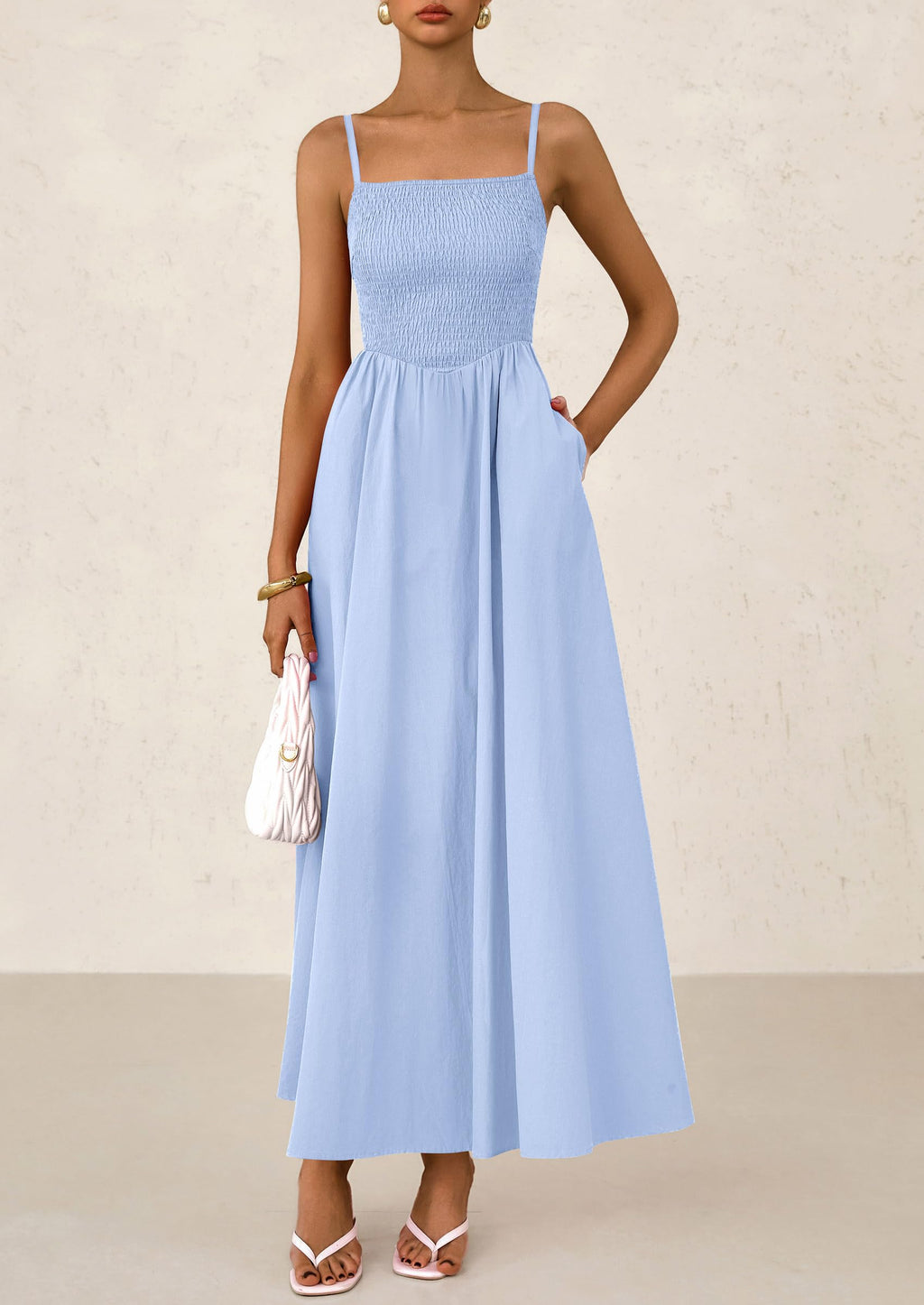 PRETTYGARDEN Women's Smocked Maxi Dresses Beach Sundress Casual Spaghetti Strap Swing A Line Long Flowy Dress