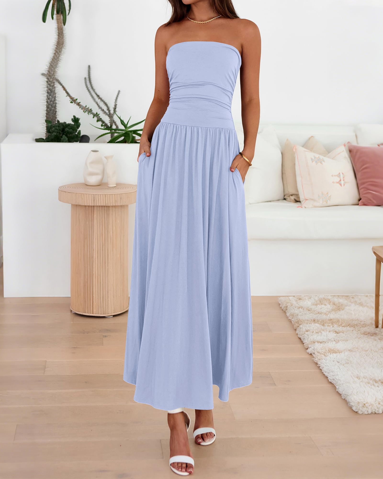 BTFBM Summer Maxi Dresses for Women Strapless Ruched Tube Top Beach Vacation Spring Wedding Guest Dress Pockets