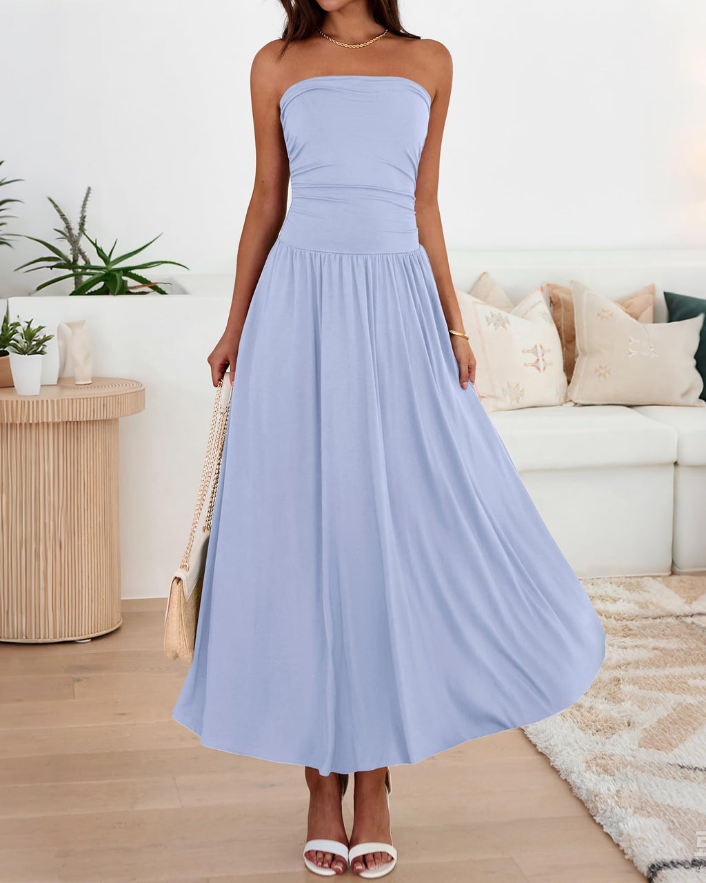 BTFBM Summer Maxi Dresses for Women Strapless Ruched Tube Top Beach Vacation Spring Wedding Guest Dress Pockets