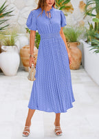 PRETTYGARDEN Womens Midi Dresses Puff Short Sleeve V Neck Swiss Dot Pleated A Line Flowy Long Wedding Guest Dress