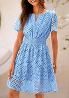 PRETTYGARDEN Women Summer Short Dress V Neck Short Sleeve A Line Hollow Out Lace Ruffle Cute Casual Beach Party Dresses