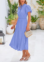 PRETTYGARDEN Womens Midi Dresses Puff Short Sleeve V Neck Swiss Dot Pleated A Line Flowy Long Wedding Guest Dress