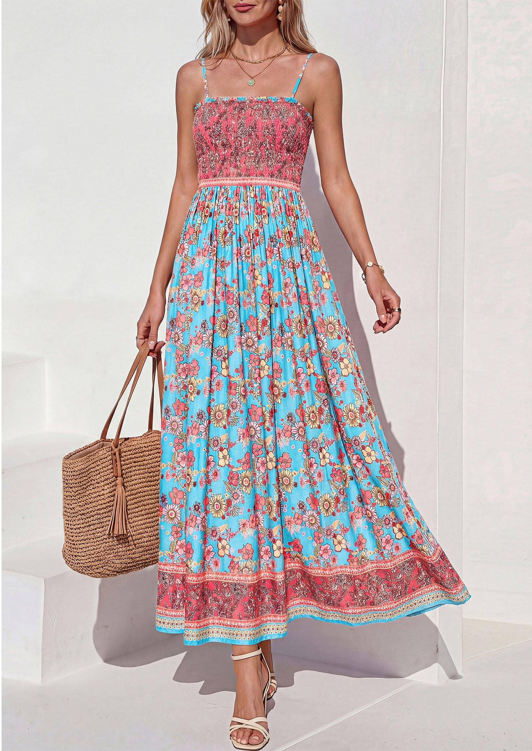 PRETTYGARDEN Womens Floral Maxi Dress Boho Casual 2026 Summer Spaghetti Strap Smocked Sleeveless Flowy Beach Vacation Dresses
