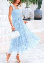 PRETTYGARDEN Women's Tulle Midi Dress Sleeveless Smocked Ruffle Mesh Flowy Dresses Party Wedding Guest Sundress
