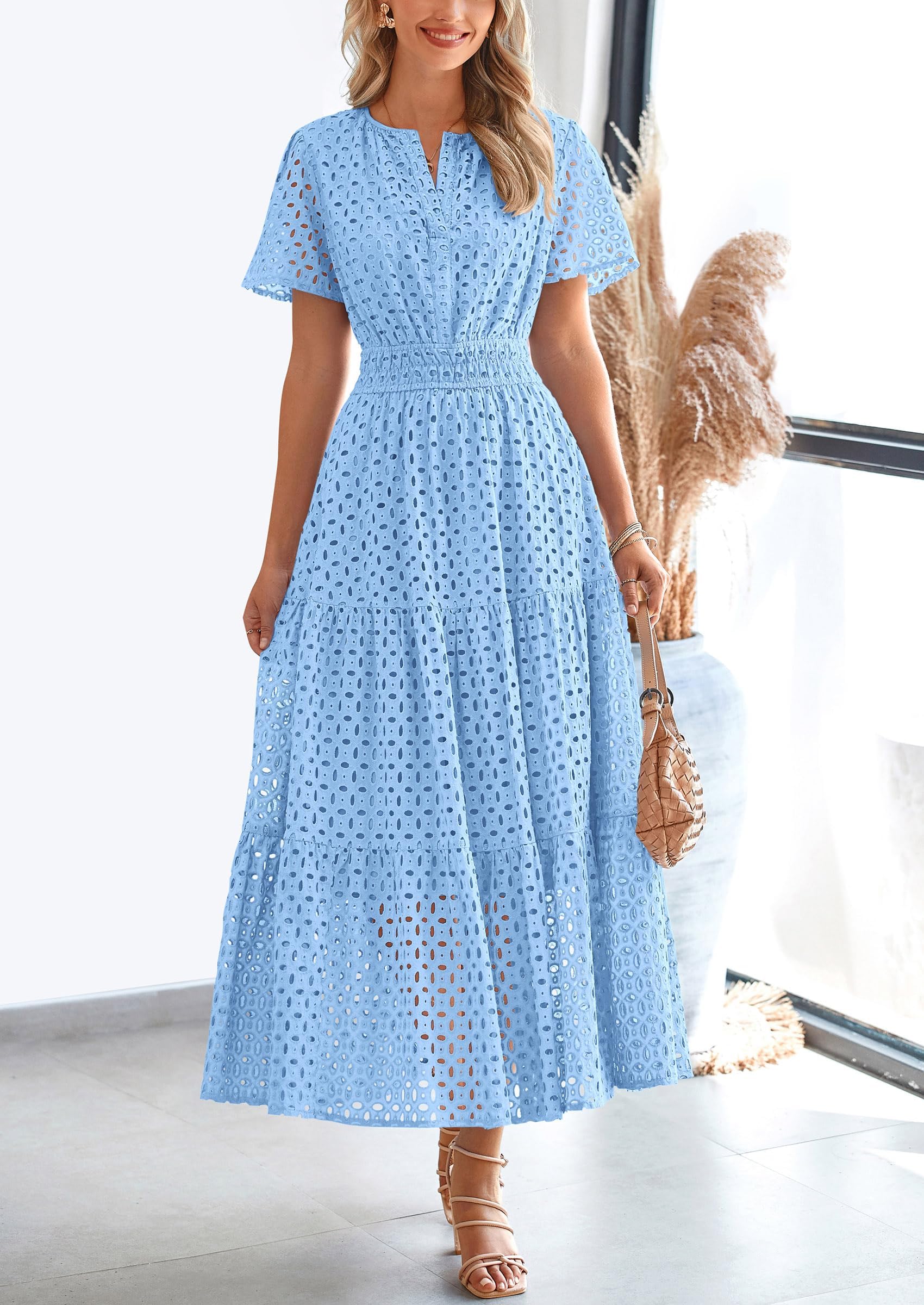 PRETTYGARDEN Womens Maxi Dress Short Sleeve V Neck Hollow Out Eyelet A Line Long Flowy Beach Vacation Dresses