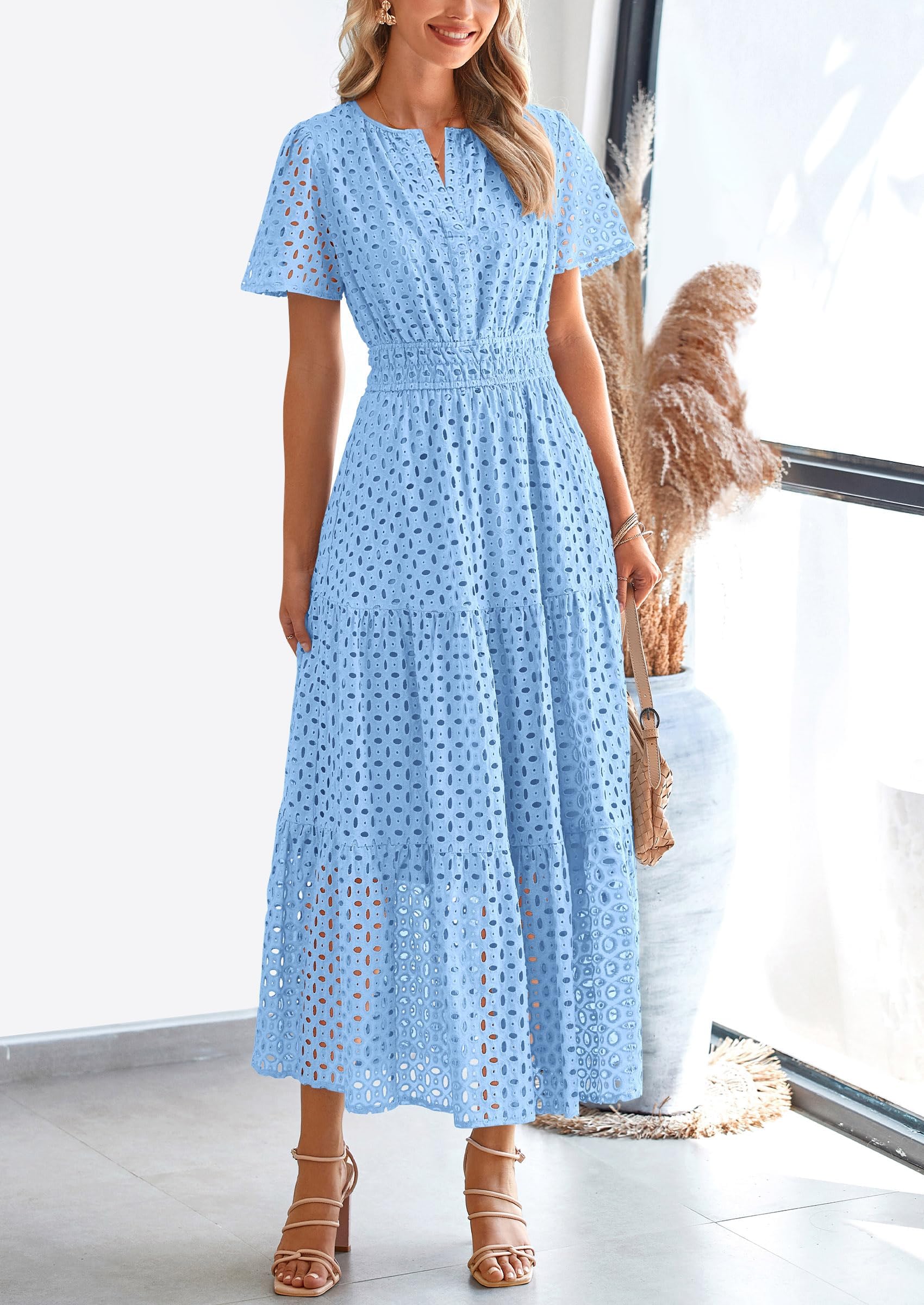 PRETTYGARDEN Womens Maxi Dress Short Sleeve V Neck Hollow Out Eyelet A Line Long Flowy Beach Vacation Dresses