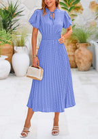 PRETTYGARDEN Womens Midi Dresses Puff Short Sleeve V Neck Swiss Dot Pleated A Line Flowy Long Wedding Guest Dress