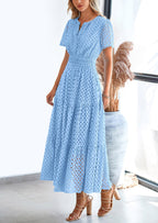 PRETTYGARDEN Womens Maxi Dress Short Sleeve V Neck Hollow Out Eyelet A Line Long Flowy Beach Vacation Dresses