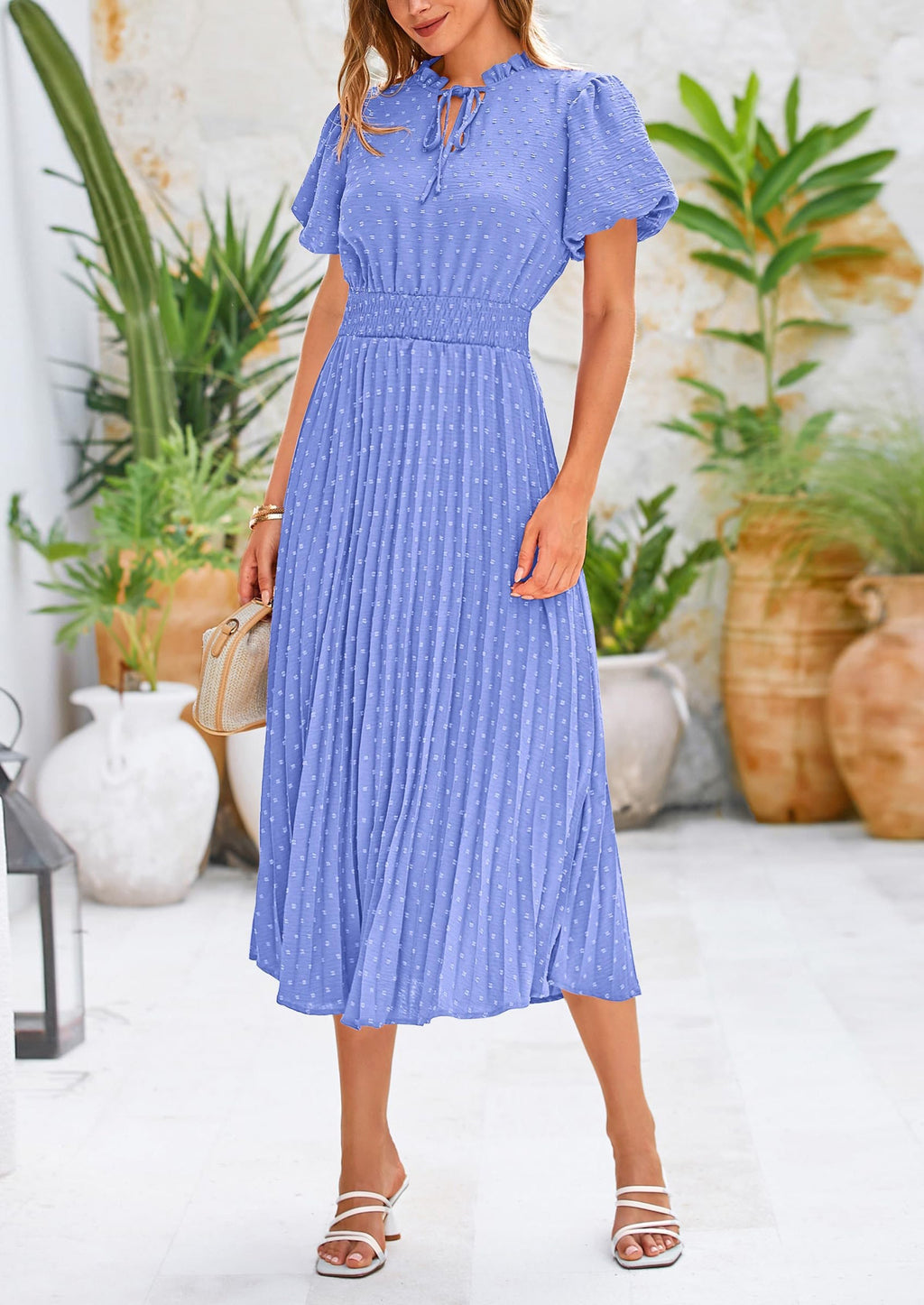 PRETTYGARDEN Womens Midi Dresses Puff Short Sleeve V Neck Swiss Dot Pleated A Line Flowy Long Wedding Guest Dress