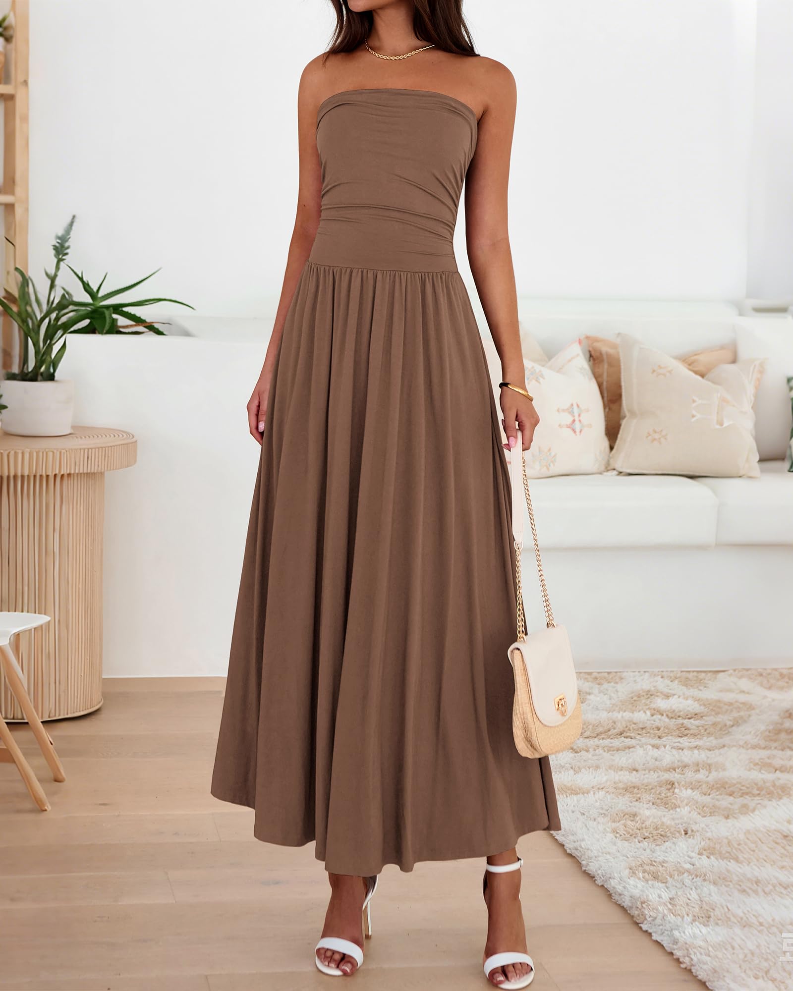 BTFBM Summer Maxi Dresses for Women Strapless Ruched Tube Top Beach Vacation Spring Wedding Guest Dress Pockets