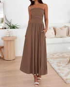 BTFBM Summer Maxi Dresses for Women Strapless Ruched Tube Top Beach Vacation Spring Wedding Guest Dress Pockets