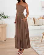 BTFBM Summer Maxi Dresses for Women Strapless Ruched Tube Top Beach Vacation Spring Wedding Guest Dress Pockets