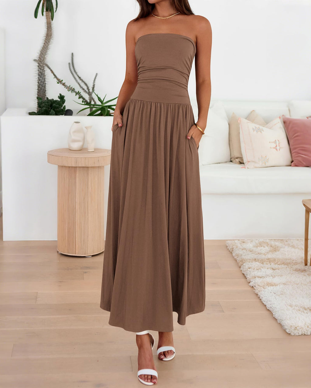 BTFBM Summer Maxi Dresses for Women Strapless Ruched Tube Top Beach Vacation Spring Wedding Guest Dress Pockets