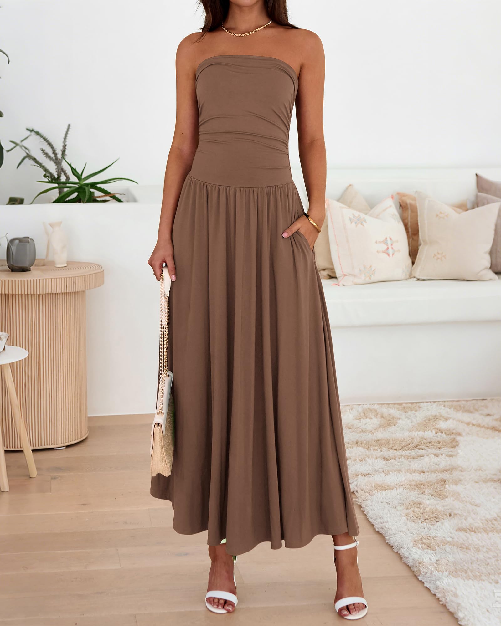 BTFBM Summer Maxi Dresses for Women Strapless Ruched Tube Top Beach Vacation Spring Wedding Guest Dress Pockets
