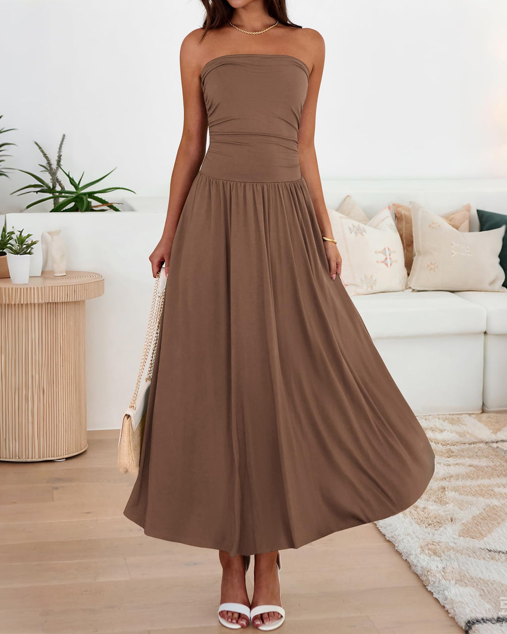 BTFBM Summer Maxi Dresses for Women Strapless Ruched Tube Top Beach Vacation Spring Wedding Guest Dress Pockets