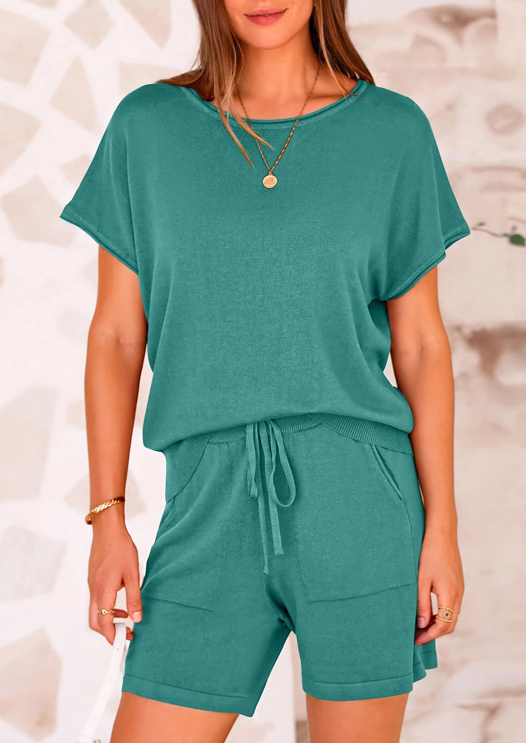 PRETTYGARDEN Two Piece Set for Women Summer Lounge Sets Shorts And Short Sleeve Tops Knitted Matching Travel Spring Outfits