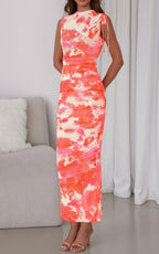 PRETTYGARDEN Women's Summer Maxi Floral Dresses Ruched Bodycon Sleeveless Mesh Formal Wedding Guest Cocktail Split Long Dress