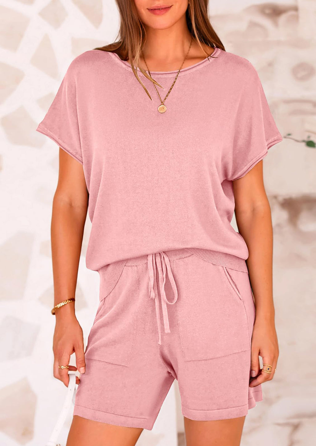 PRETTYGARDEN Two Piece Set for Women Summer Lounge Sets Shorts And Short Sleeve Tops Knitted Matching Travel Spring Outfits