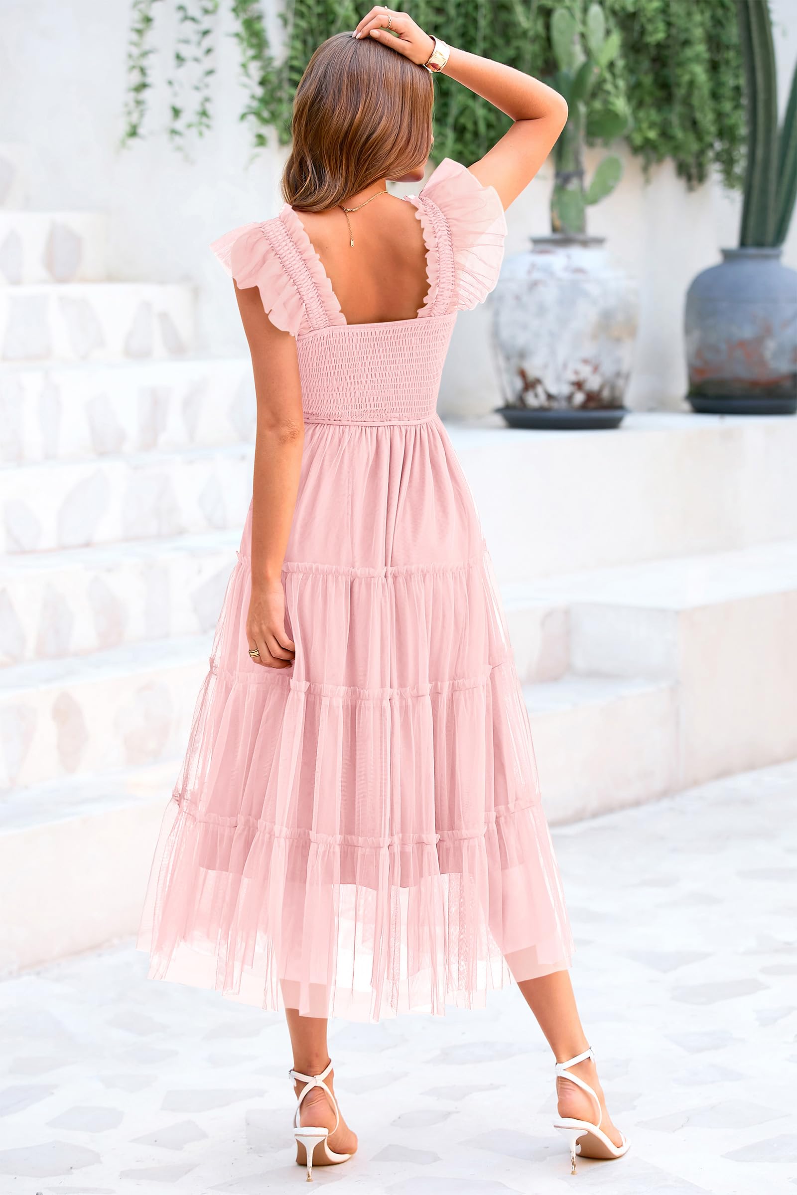 PRETTYGARDEN Women's Tulle Midi Dress Sleeveless Smocked Ruffle Mesh Flowy Dresses Party Wedding Guest Sundress