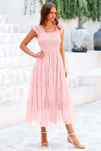 PRETTYGARDEN Women's Tulle Midi Dress Sleeveless Smocked Ruffle Mesh Flowy Dresses Party Wedding Guest Sundress