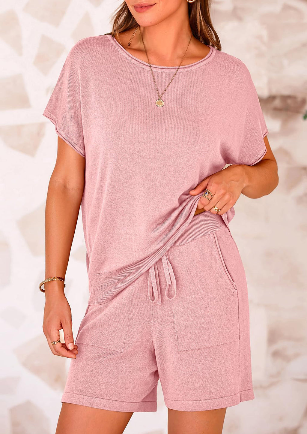 PRETTYGARDEN Two Piece Set for Women Summer Lounge Sets Shorts And Short Sleeve Tops Knitted Matching Travel Spring Outfits