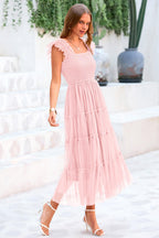PRETTYGARDEN Women's Tulle Midi Dress Sleeveless Smocked Ruffle Mesh Flowy Dresses Party Wedding Guest Sundress