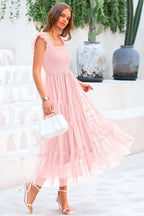 PRETTYGARDEN Women's Tulle Midi Dress Sleeveless Smocked Ruffle Mesh Flowy Dresses Party Wedding Guest Sundress