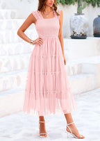 PRETTYGARDEN Women's Tulle Midi Dress Sleeveless Smocked Ruffle Mesh Flowy Dresses Party Wedding Guest Sundress