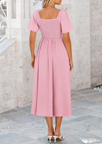 PRETTYGARDEN Summer Dress for Women Casual Short Sleeve Bow Tie V Neck Ruffle Midi Flowy Dresses
